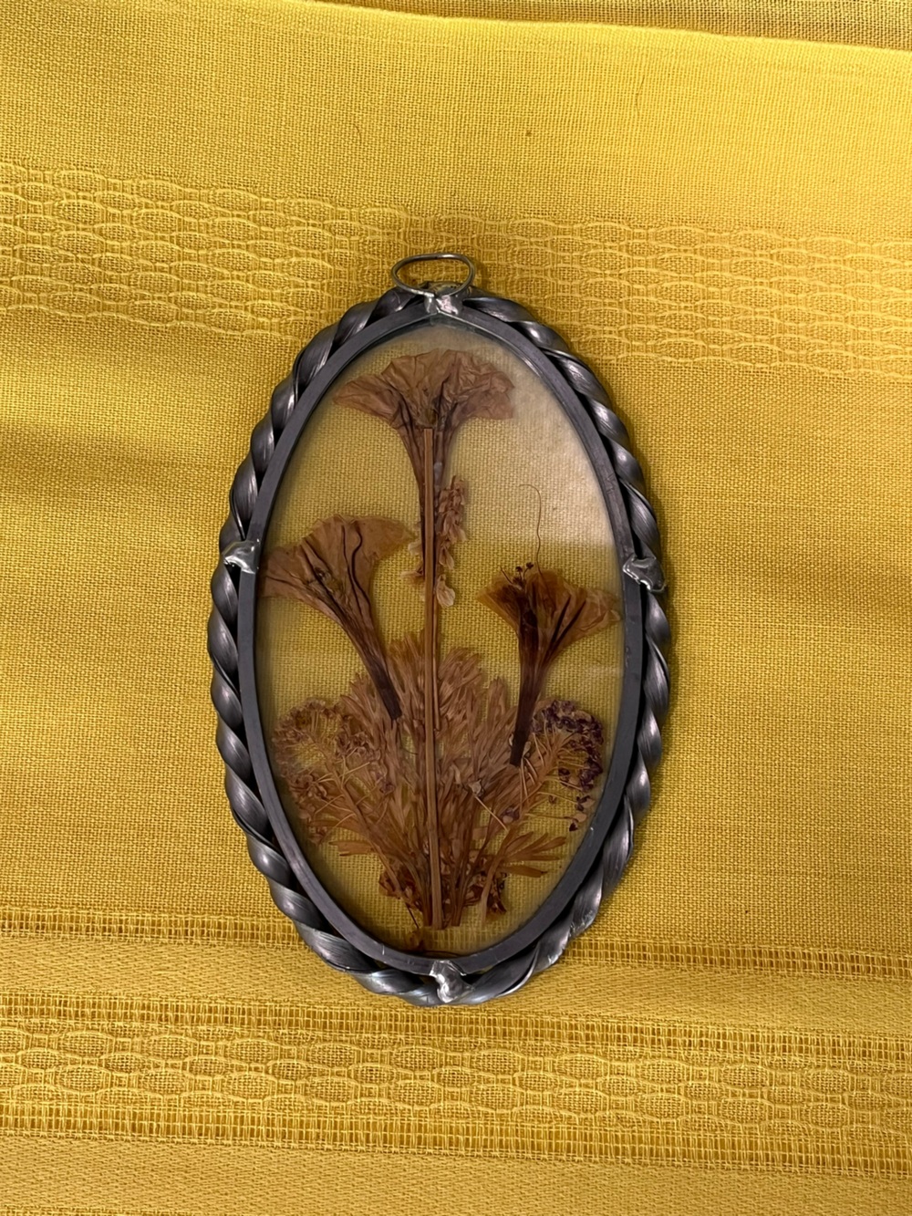 Vintage 1970s Pressed Flower Glass Sun catcher- Pewter- Oval Frame- cottagecore